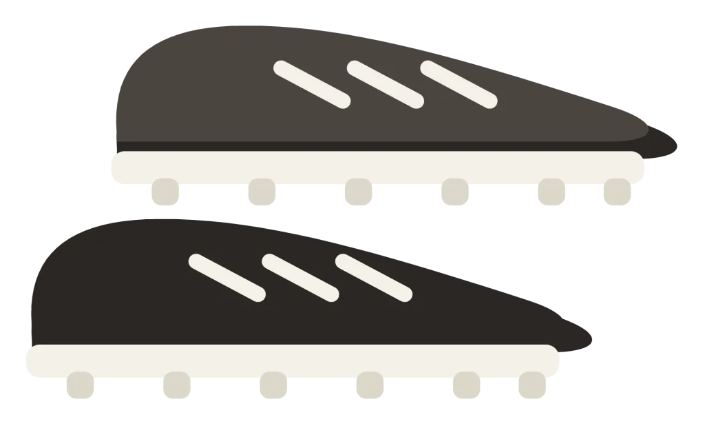 A pair of black soccer boots cut low at the ankle, with studs underneath and white stripes on the side.