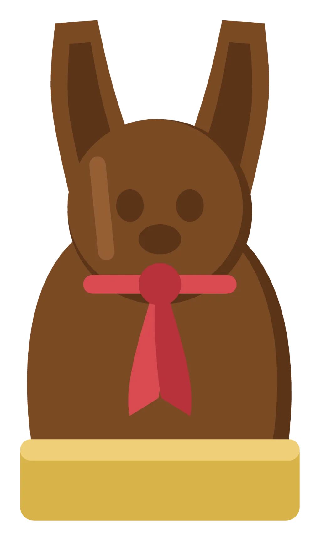A dark chocolate bunny sitting up, wrapped in foil at the base with a ribbon and bell.