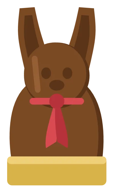 A dark chocolate bunny sitting up, wrapped in foil at the base with a ribbon and bell.