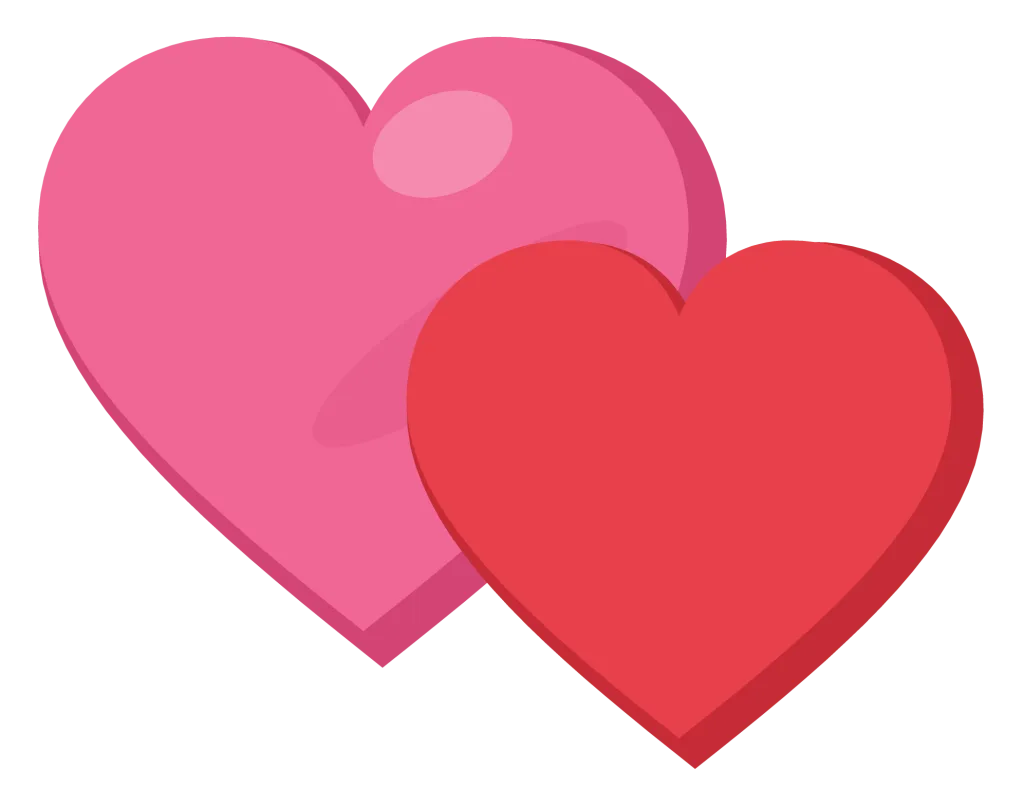 Two overlapping hearts in pink and red, the smaller one sitting in front to the right.