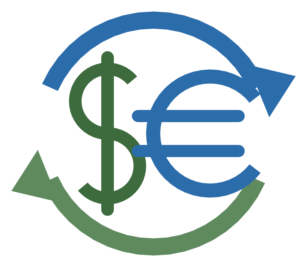 A dollar sign and a euro sign facing each other inside a ring of two curved arrows.