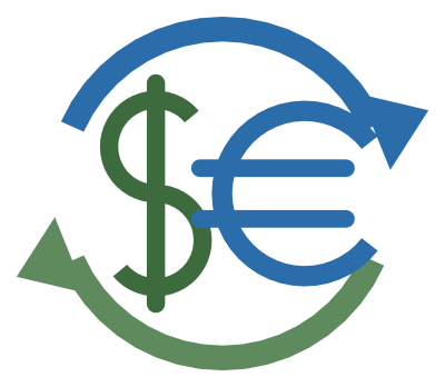 A dollar sign and a euro sign facing each other inside a ring of two curved arrows.