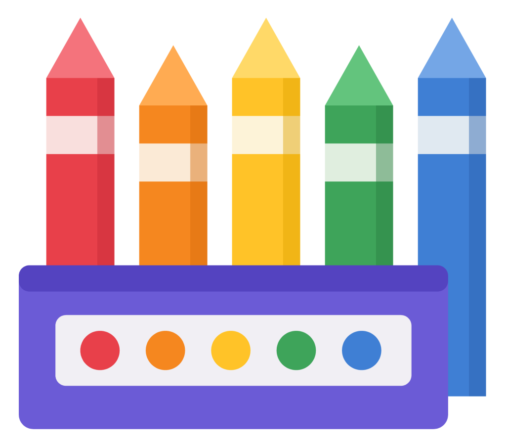 An open box of crayons with five coloured crayons standing up in red, orange, yellow, green and blue.
