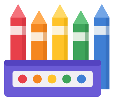 An open box of crayons with five coloured crayons standing up in red, orange, yellow, green and blue.