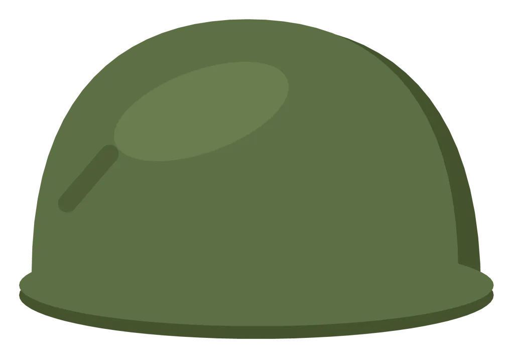 A green military helmet in side view with a cloth cover, a strap and a rim.