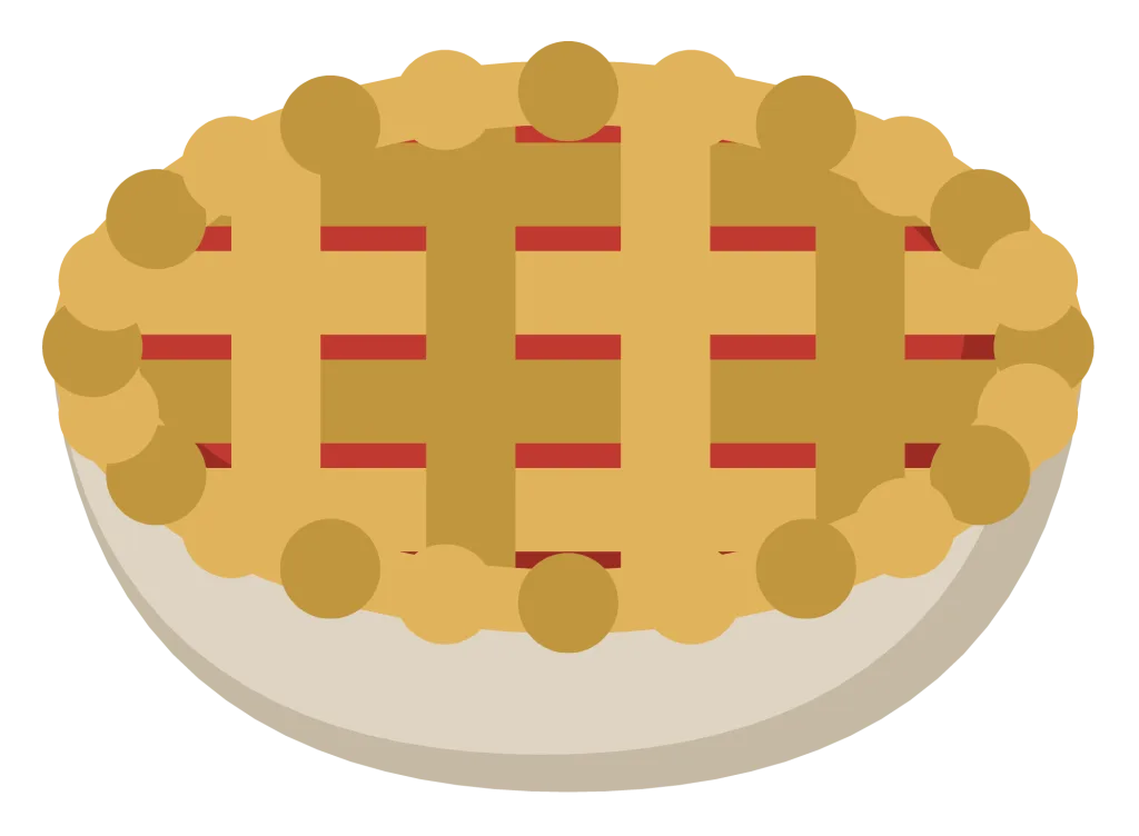 A whole apple pie in a dish with a woven lattice top and red filling showing through.