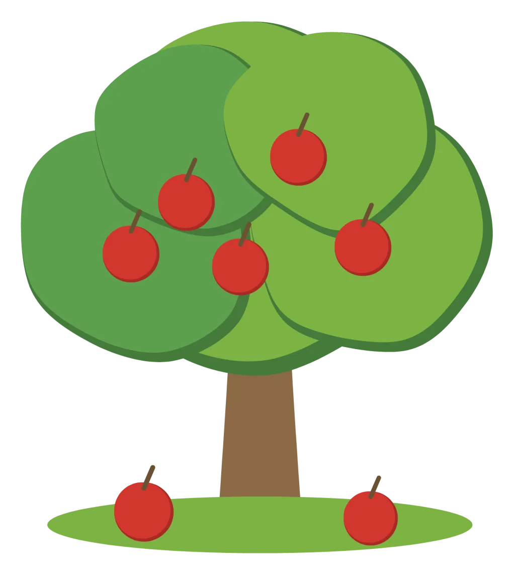 A green apple tree with red apples through the canopy and two fallen in the grass.