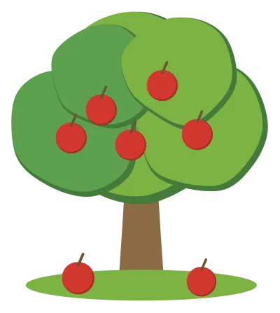 A green apple tree with red apples through the canopy and two fallen in the grass.