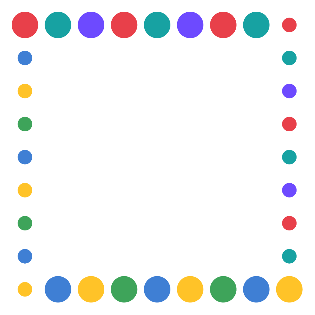 A playful page border made of alternating large and small coloured dots.