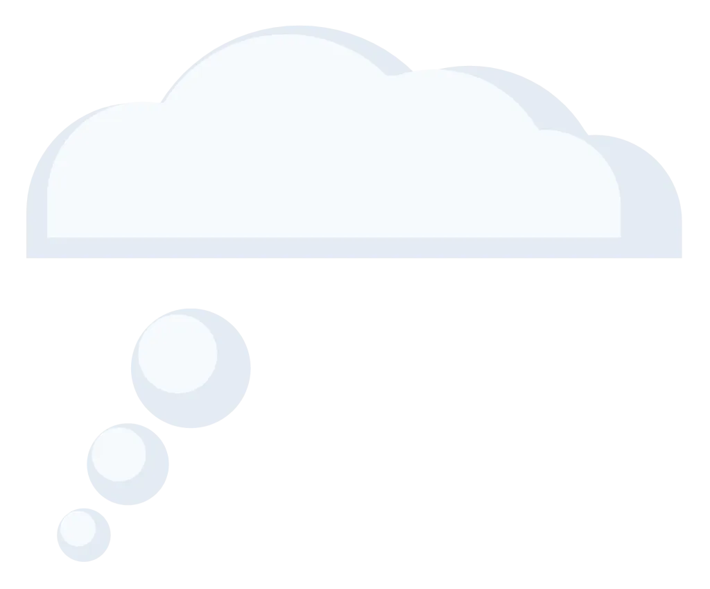 A cloud shaped thought bubble with three diminishing circles trailing below it.