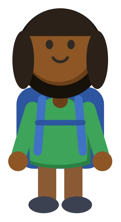 A cartoon child wearing a blue backpack with both shoulder straps showing.