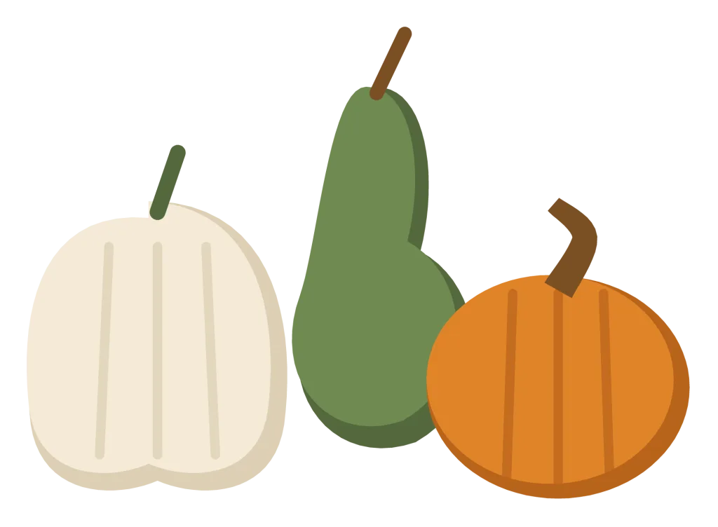 Three decorative gourds in orange, cream and green with ribbed sides and curled stems.