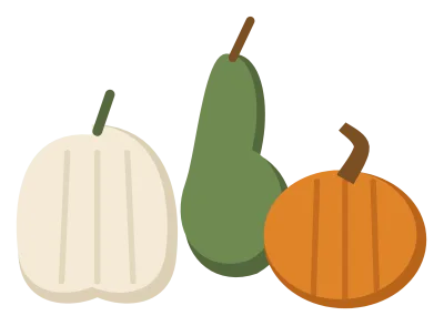 Three decorative gourds in orange, cream and green with ribbed sides and curled stems.