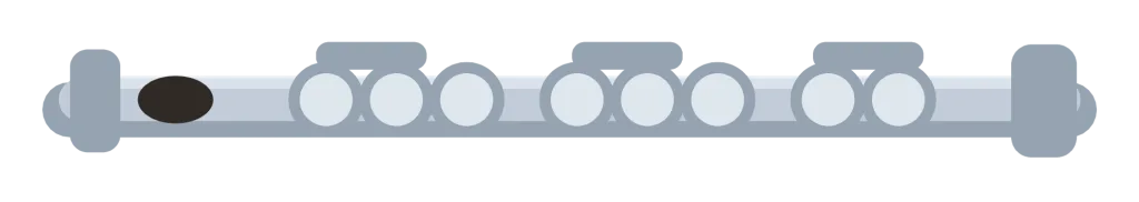 A silver flute lying horizontally with key pads and levers along its length.