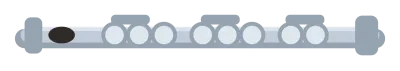 A silver flute lying horizontally with key pads and levers along its length.