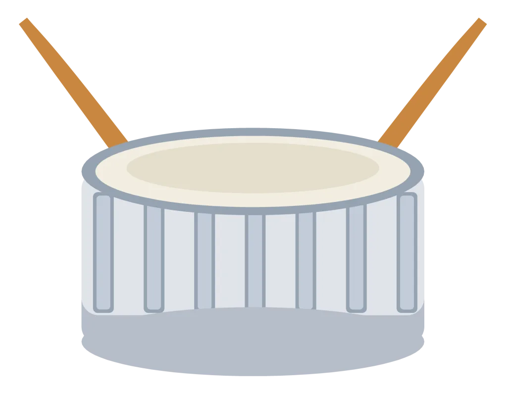 A snare drum with tension lugs around the shell and two crossed drumsticks behind it.