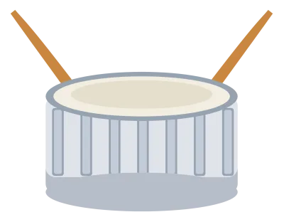 A snare drum with tension lugs around the shell and two crossed drumsticks behind it.
