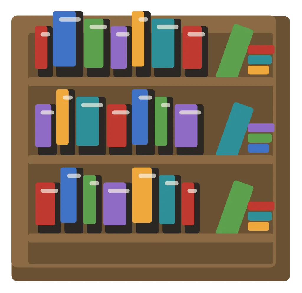 A wooden bookshelf with three shelves of books, some upright and some leaning, and a stack lying flat.