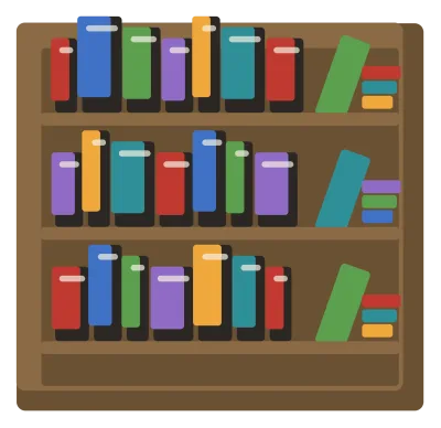 A wooden bookshelf with three shelves of books, some upright and some leaning, and a stack lying flat.