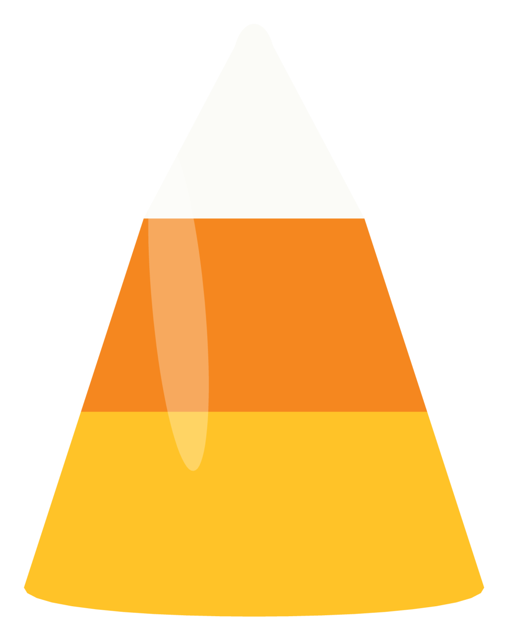 A single piece of candy corn with the classic three bands: a white tip, an orange middle and a yellow base.