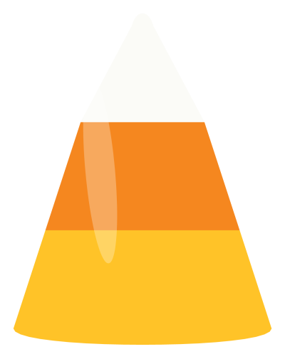A single piece of candy corn with the classic three bands: a white tip, an orange middle and a yellow base.