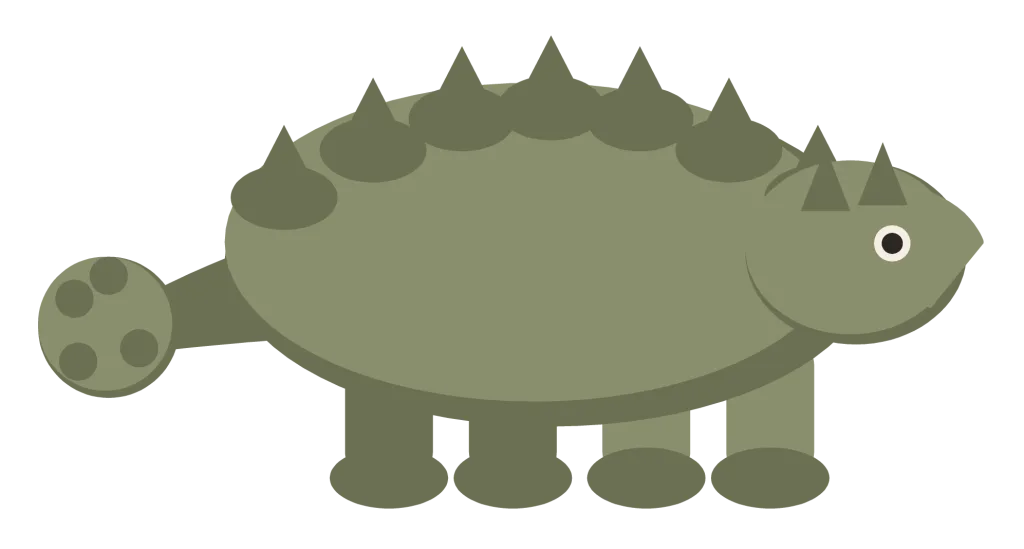 An olive ankylosaurus in side view, low and wide, with armoured plates along its back and a club on its tail.