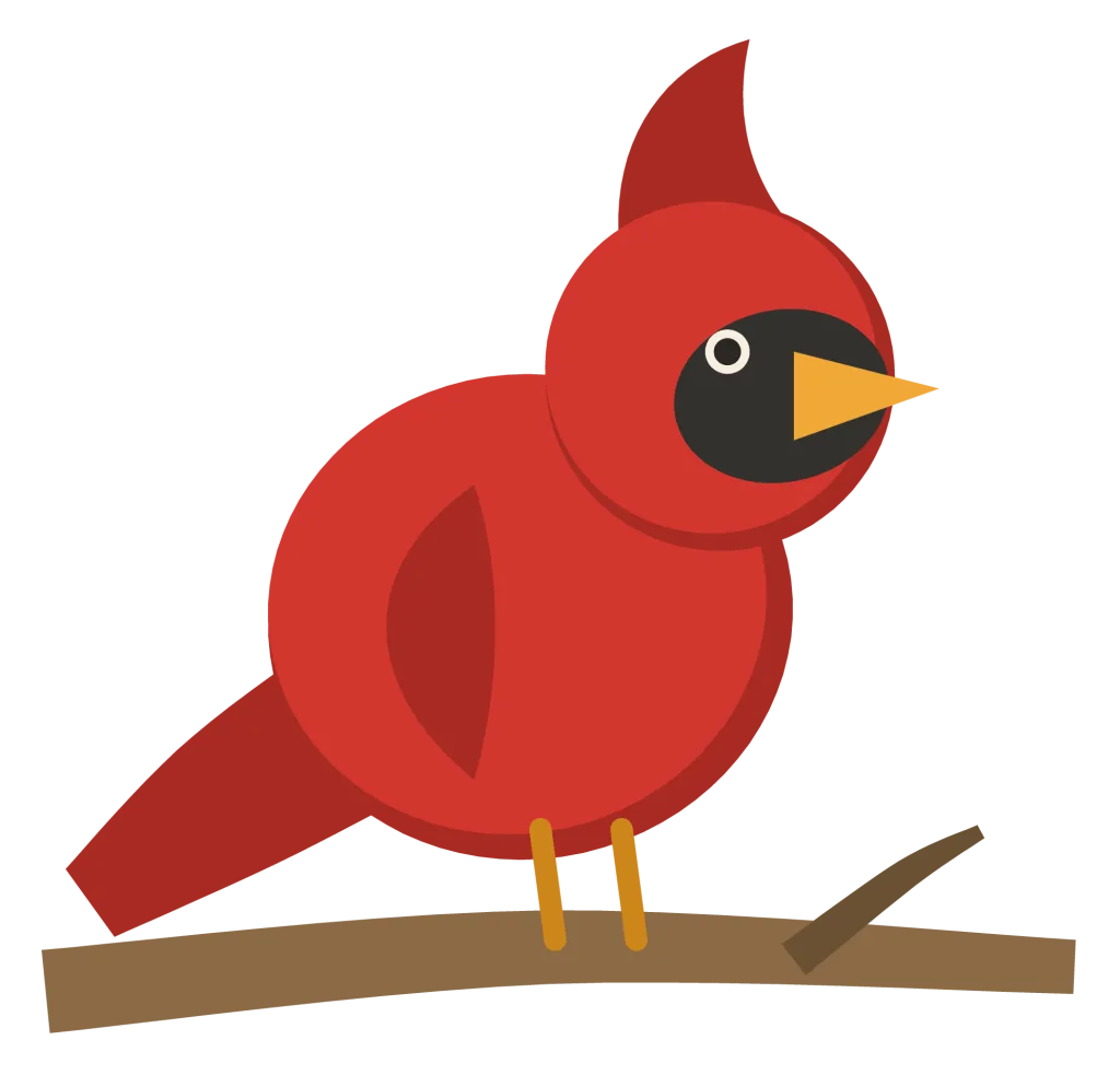 A red cardinal perched on a branch, with a pointed crest, a black face and a stout orange beak.