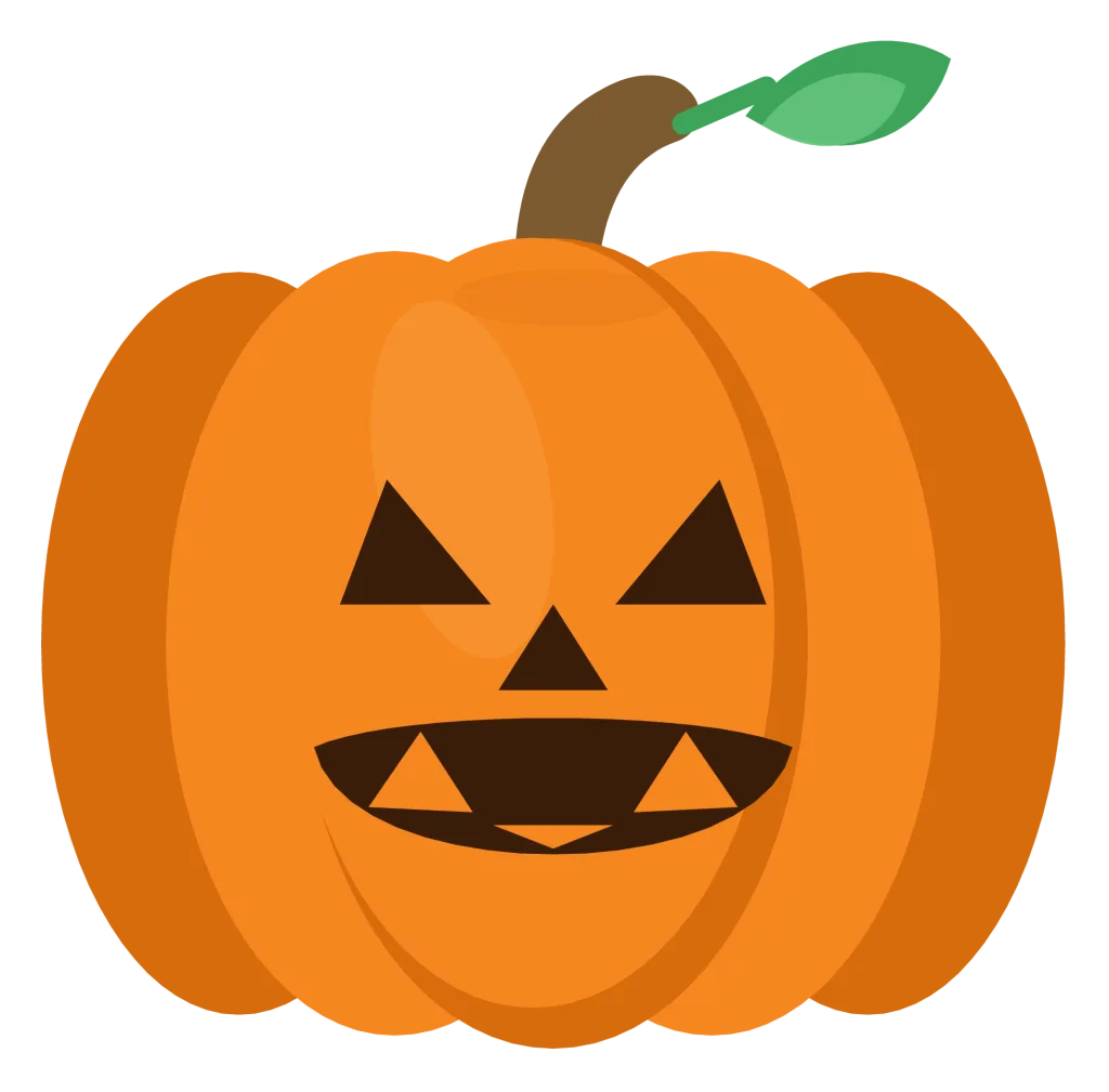 A carved orange jack-o-lantern with triangular eyes, a small triangular nose and a wide toothy grin.