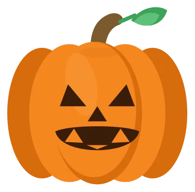 A carved orange jack-o-lantern with triangular eyes, a small triangular nose and a wide toothy grin.