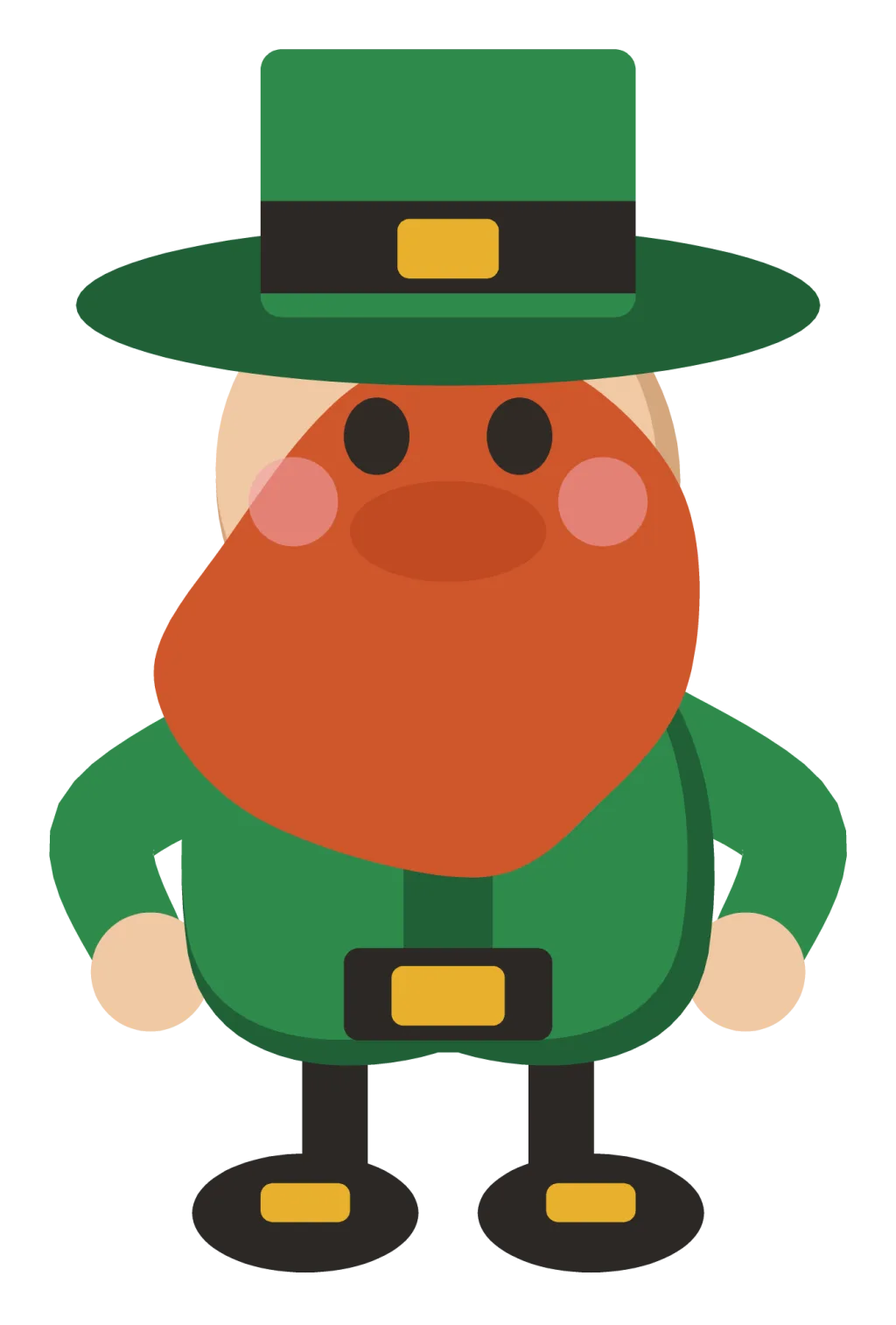 A leprechaun with a red beard, a green coat and a buckled hat, standing with his hands on his hips.