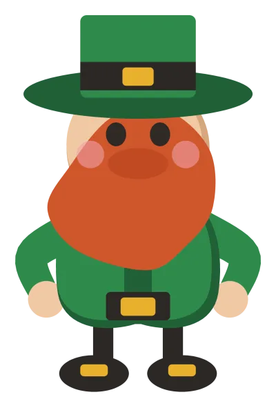A leprechaun with a red beard, a green coat and a buckled hat, standing with his hands on his hips.
