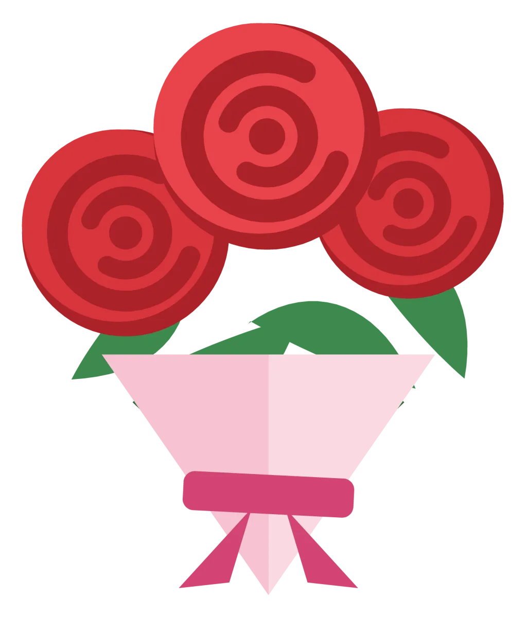 A bouquet of red roses with green leaves, wrapped in paper and tied with a ribbon.