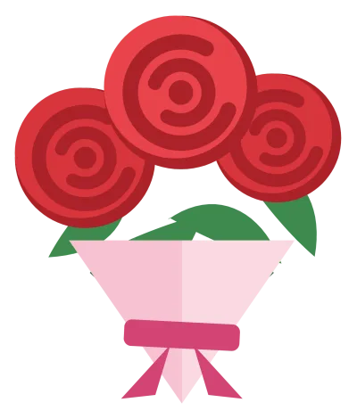 A bouquet of red roses with green leaves, wrapped in paper and tied with a ribbon.