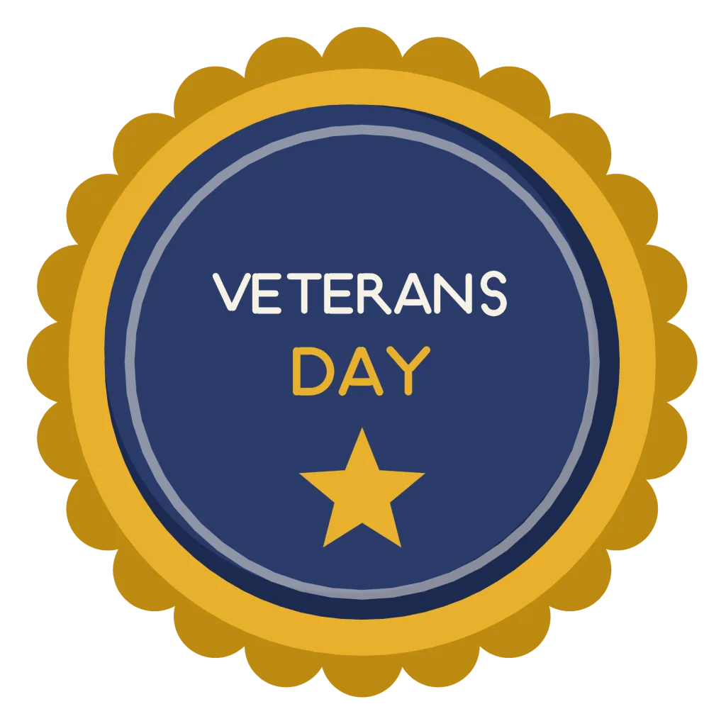 A round badge with a scalloped gold rim reading Veterans Day in two lines above a star.