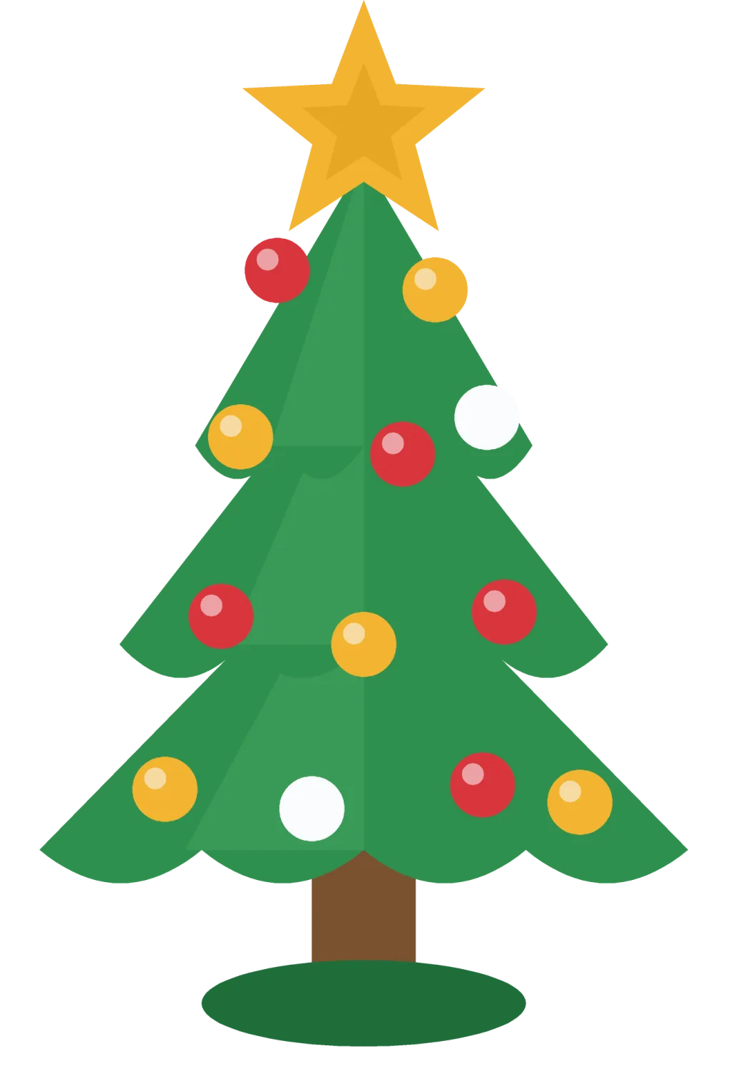 A decorated green Christmas tree in three tiers with red and gold baubles and a gold star on top.