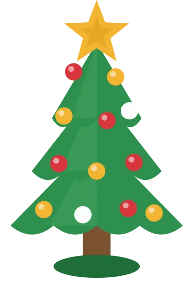 A decorated green Christmas tree in three tiers with red and gold baubles and a gold star on top.