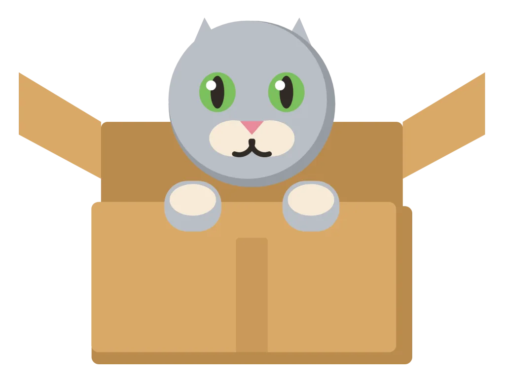 A grey cat sitting inside a cardboard box, with its head and two front paws over the front edge.