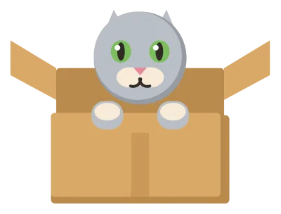 A grey cat sitting inside a cardboard box, with its head and two front paws over the front edge.