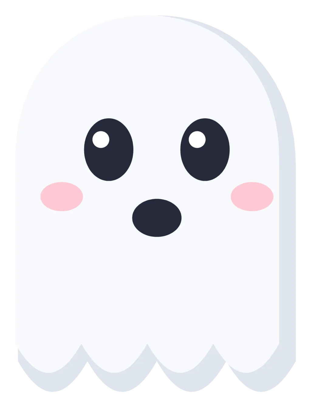 A white cartoon ghost with a rounded head, a wavy scalloped tail and two round black eyes.