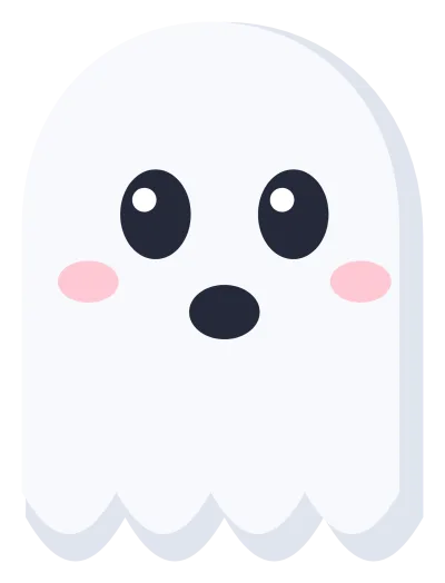 A white cartoon ghost with a rounded head, a wavy scalloped tail and two round black eyes.
