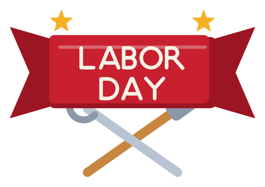 A red ribbon banner reading Labor Day between two gold stars, with a hammer and wrench crossed below.
