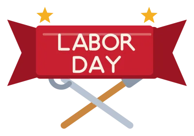 A red ribbon banner reading Labor Day between two gold stars, with a hammer and wrench crossed below.