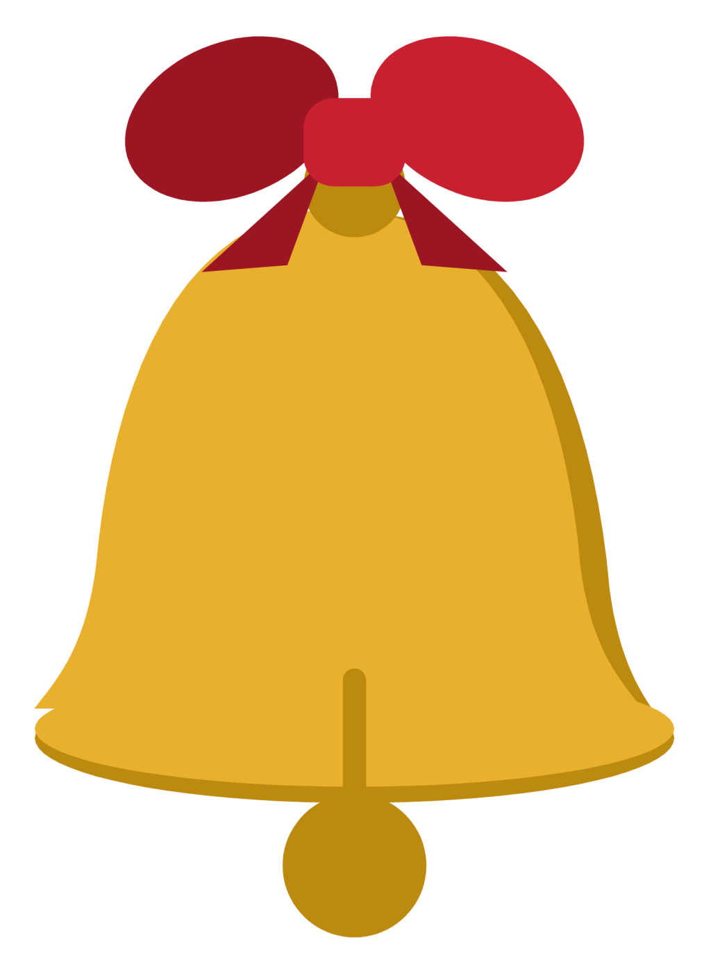 A gold bell with a red ribbon bow at the top and a clapper hanging below the rim.