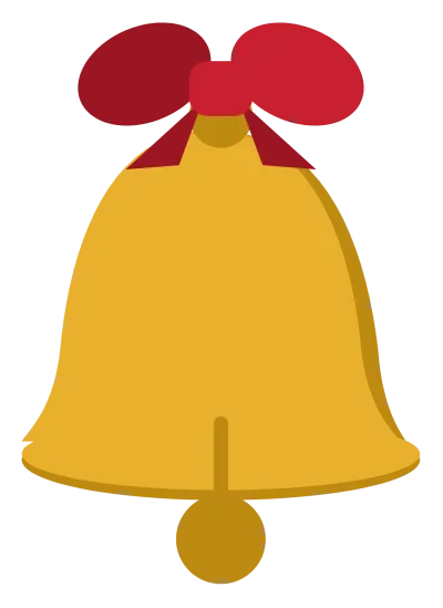 A gold bell with a red ribbon bow at the top and a clapper hanging below the rim.