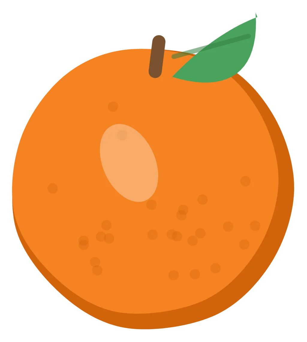A whole orange with dimpled skin, a short stem and one green leaf.