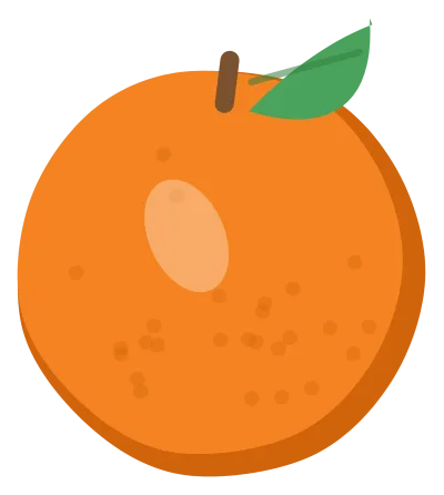 A whole orange with dimpled skin, a short stem and one green leaf.