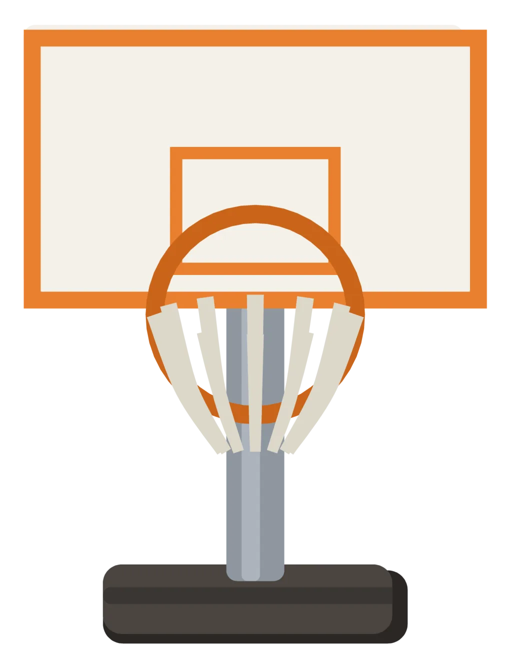 A free-standing outdoor basketball hoop on a pole, with a backboard, rim and net over a weighted base.