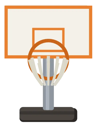 A free-standing outdoor basketball hoop on a pole, with a backboard, rim and net over a weighted base.