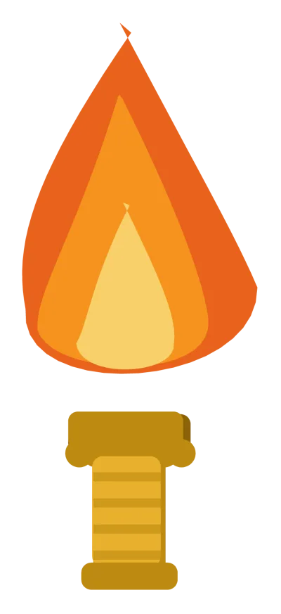 A raised torch with a gold flame, a ribbed handle and a scalloped collar.