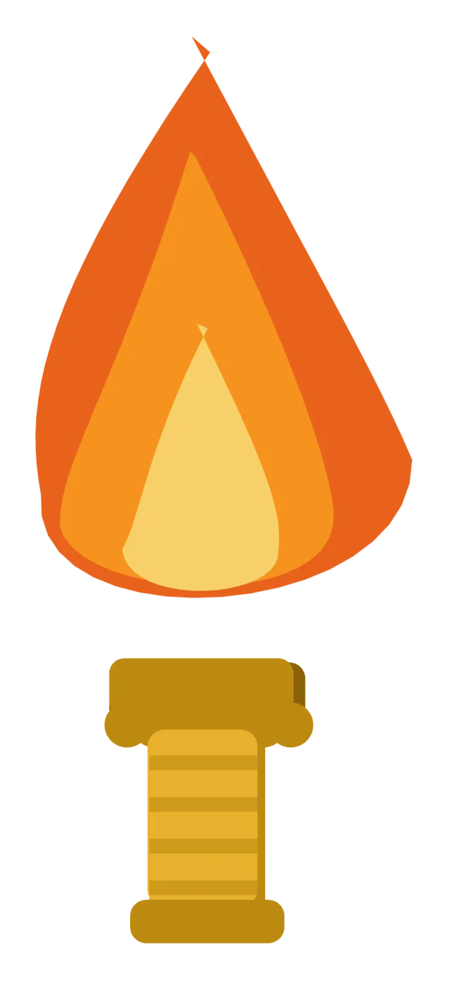 A raised torch with a gold flame, a ribbed handle and a scalloped collar.